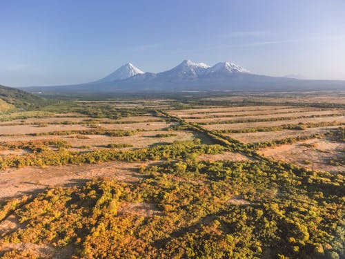 An Aerial Shot of a Field with Mountains in the Background