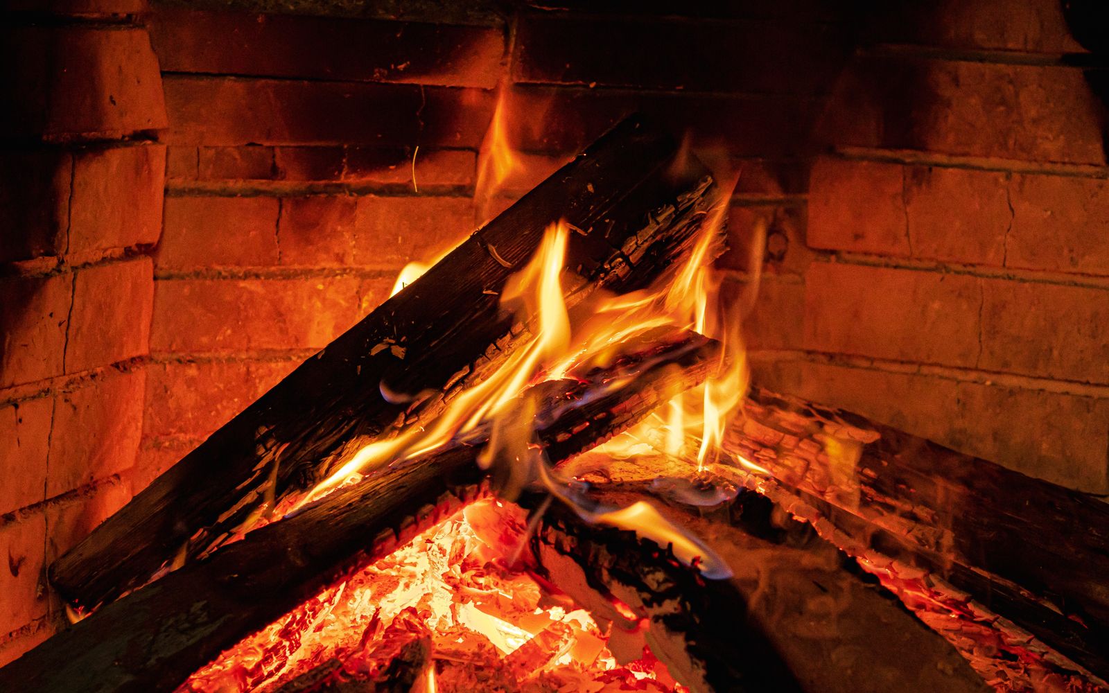 Close-up of logs burning in a fireplace with vibrant flames