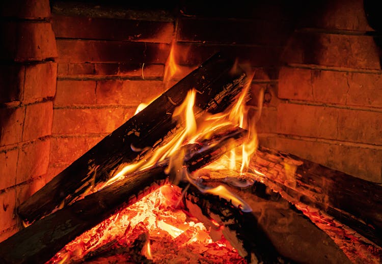 Close-up Of Wood Burning In Fireplace