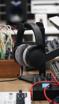 Close-up of studio headphones on a stand with audio equipment in the background.