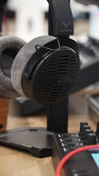 Close-up of Beyerdynamic DT 900 Pro X headphones on a stand, showcasing modern audio gear.
