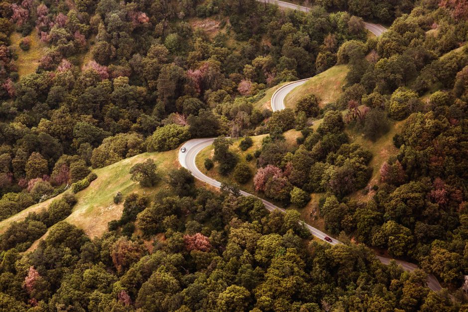 A scenic aerial view of a winding road through a vibrant forest in Sanger, CA during fall.