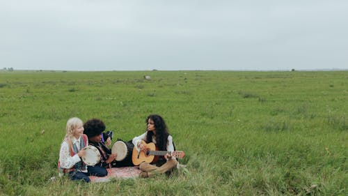 People Sitting on Grass Field while Playing Instruments