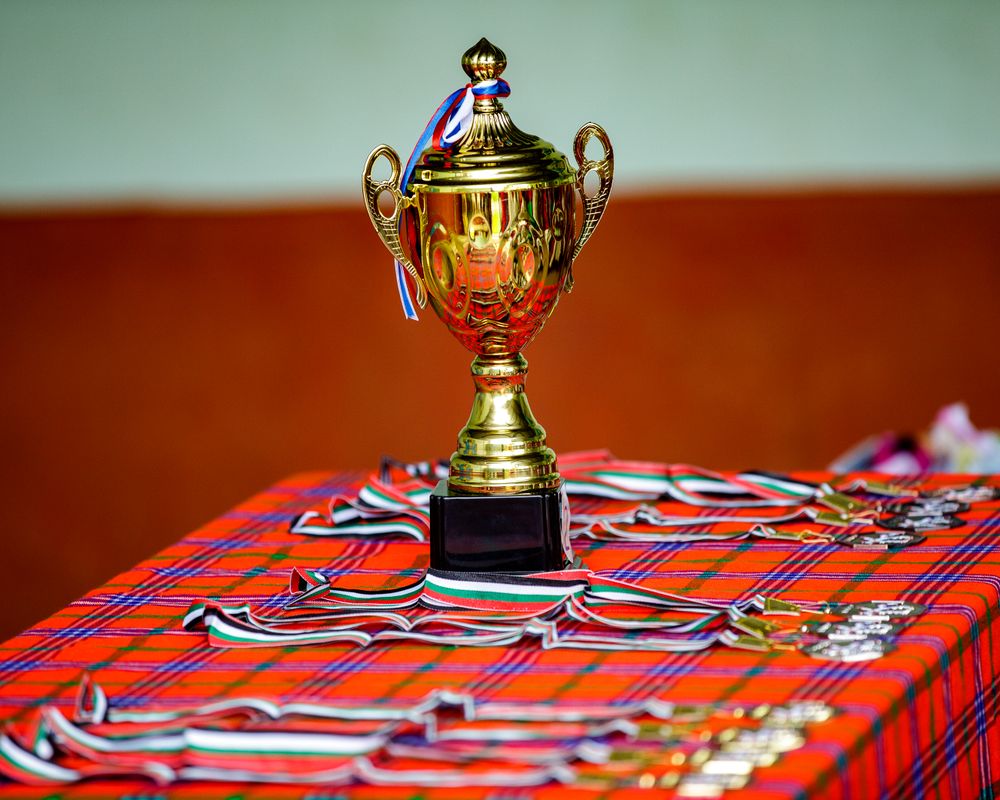 Gold trophy and medals representing business excellence awards