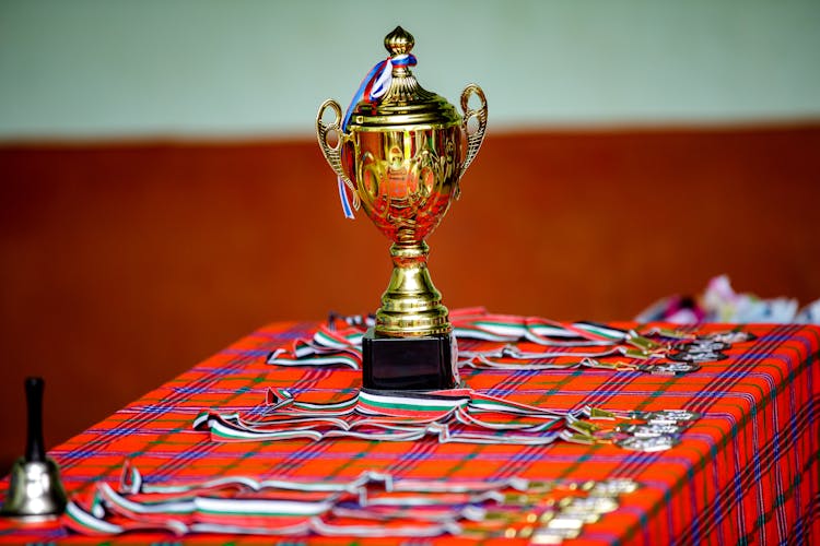 A Gold Trophy And Medals On A Table With A Checkered Cloth