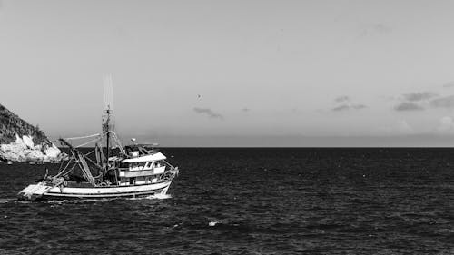 Grayscale Photo of a Boat on Sea