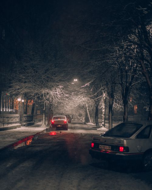Free Capturing a serene winter street scene at night with snow-covered trees and distant cars. Stock Photo