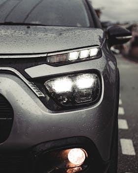 Detailed shot of a car headlight covered in raindrops on a city street in Girona, Spain.