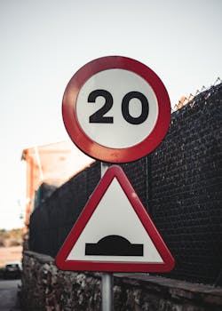 Traffic sign in Girona, Spain showing a 20 km/h speed limit and road bump warning.