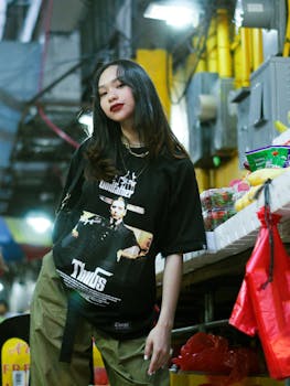 A stylish young woman poses confidently at a bustling night market, showcasing a chic streetwear look.