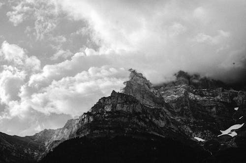 A Grayscale of a Rocky Mountain