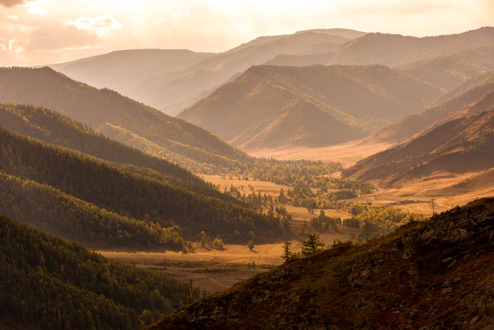 Golden valley between mountain ranges