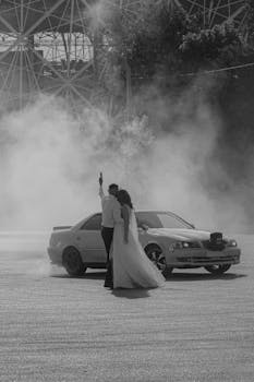 Couple embracing near smoke and car, creating a dramatic wedding scene.