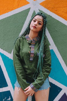 A fashionable woman with green braids leans against a vibrant geometric wall.