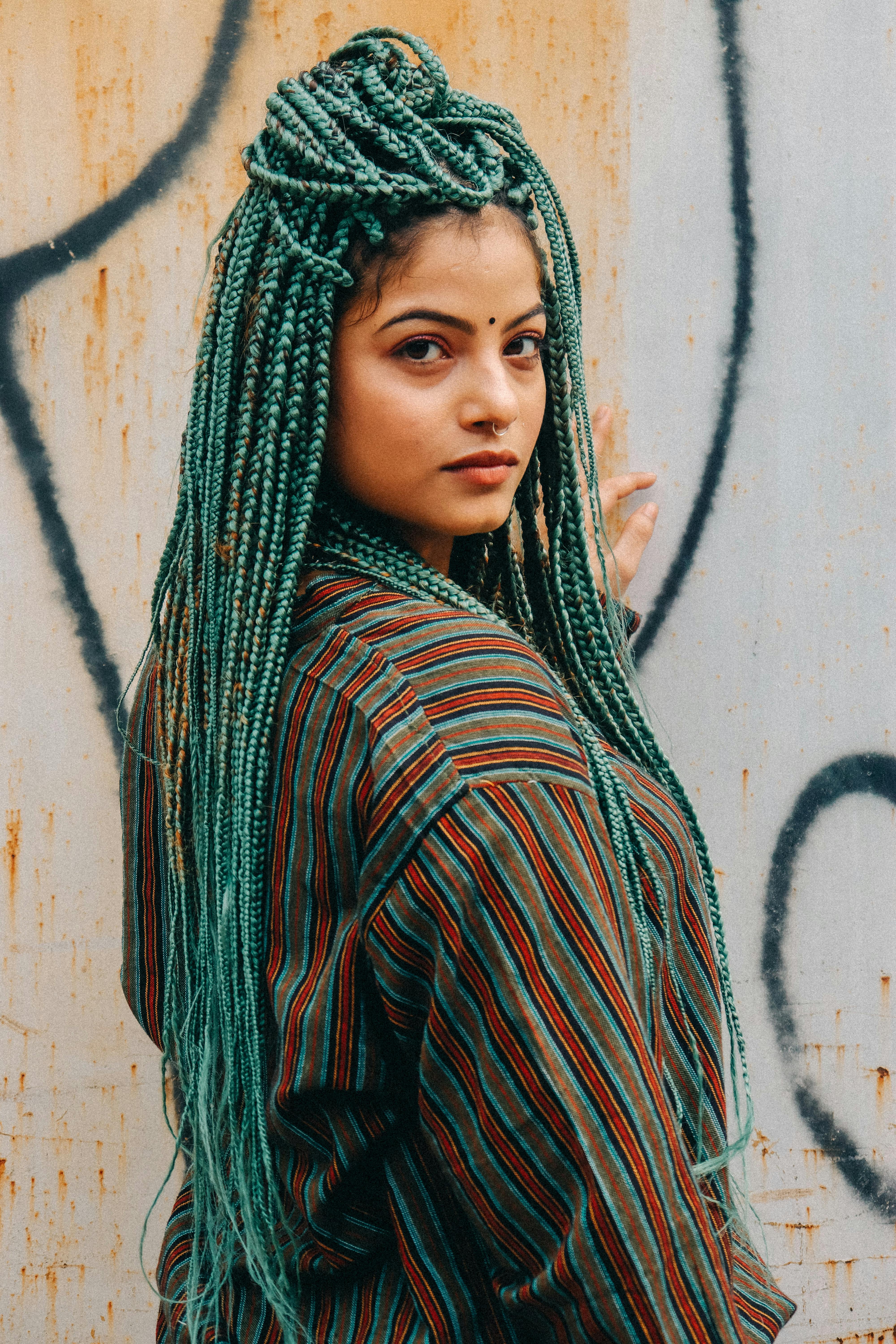 Young Woman with Many Long Green Coloured Braids · Free Stock Photo