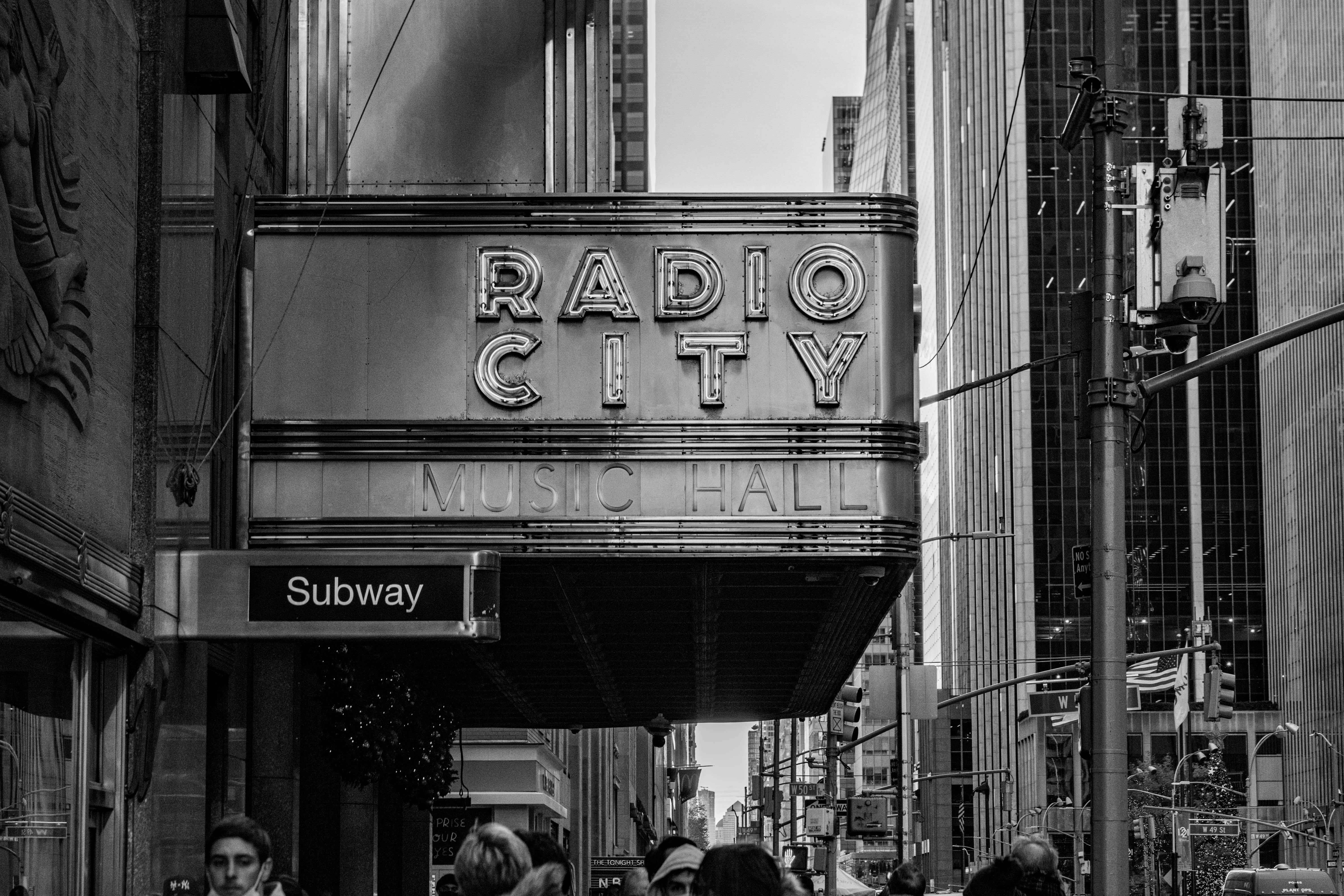 Free Black and white photo of Radio City Music Hall in NYC, a famous architectural landmark. Stock Photo