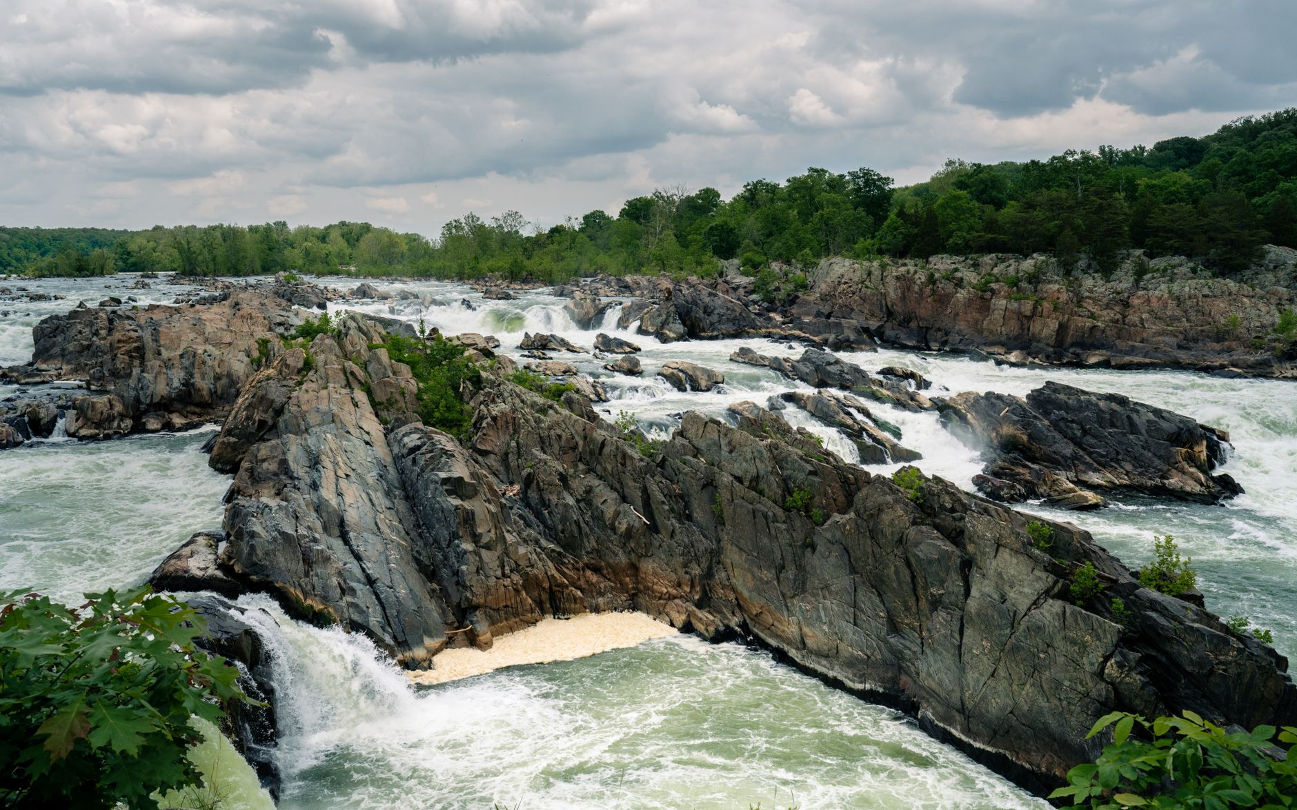 Rapids rushing through rocky formations at Great Falls Park