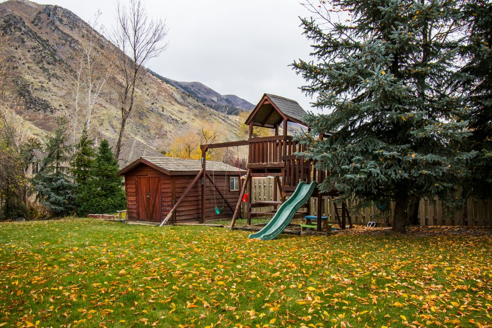Wooden playset and shed in a residential backyard