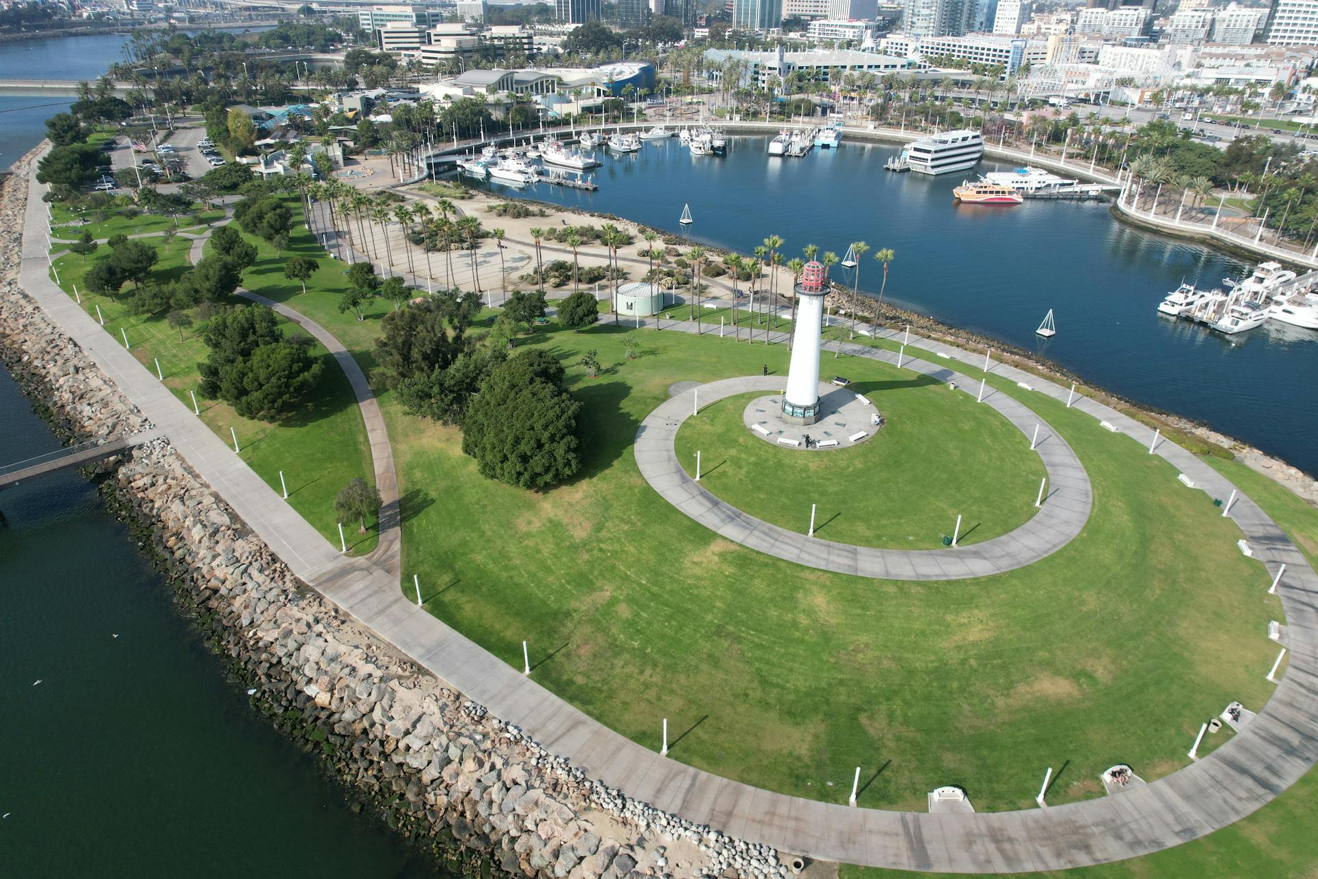 Scenic aerial view of the Long Beach Harbor Lighthouse and marina in California.
