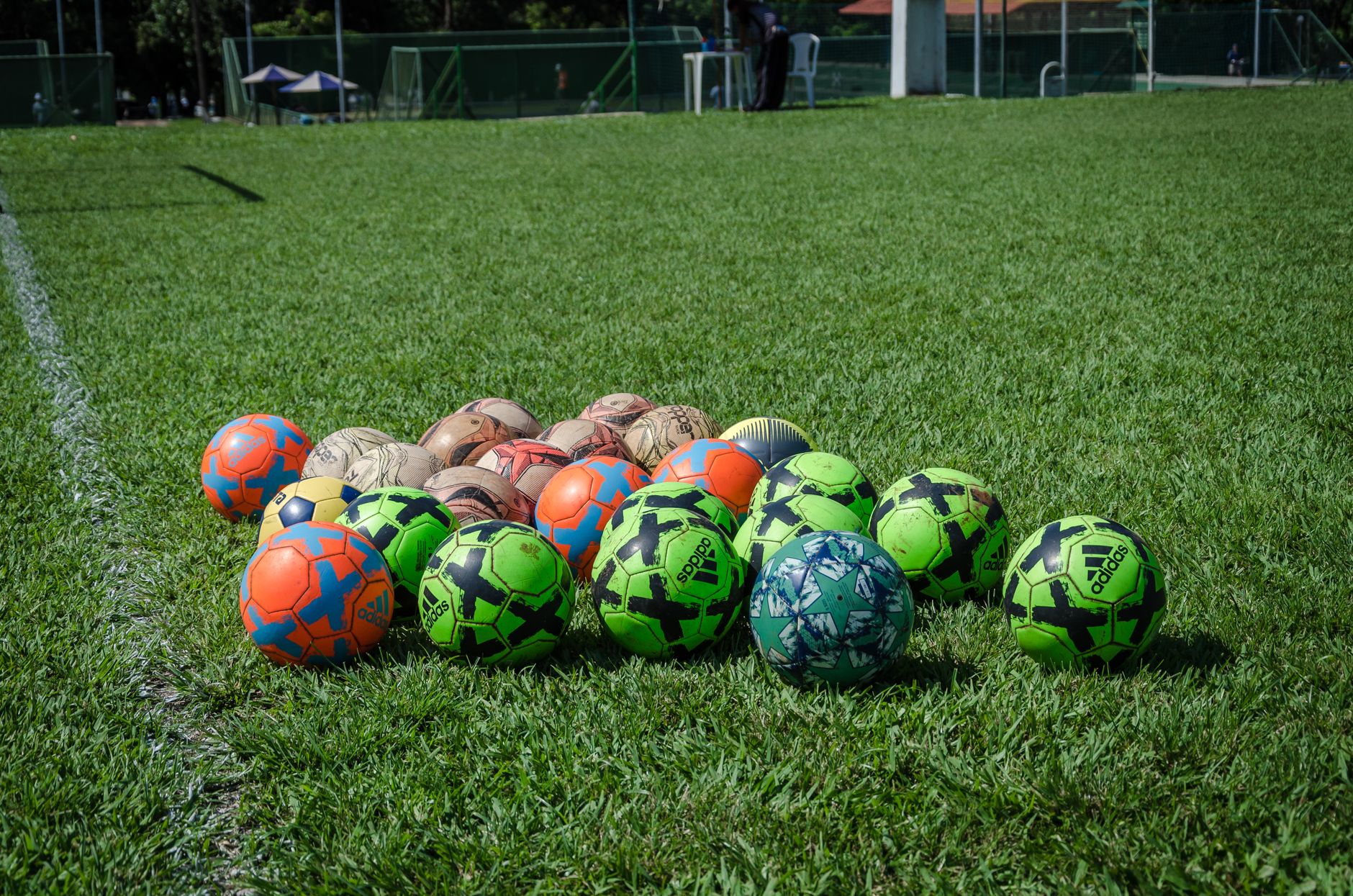 A collection of colorful soccer balls on a green field in Brasília, Brazil, under a clear blue sky.