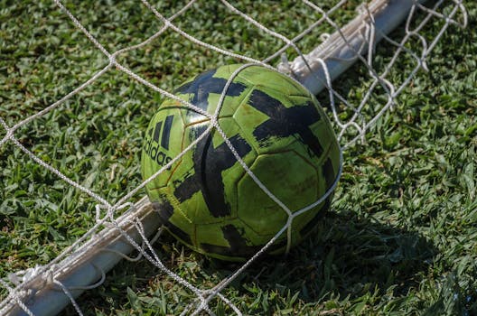 Bright green soccer ball stuck in a net on a grassy field in sunlight.