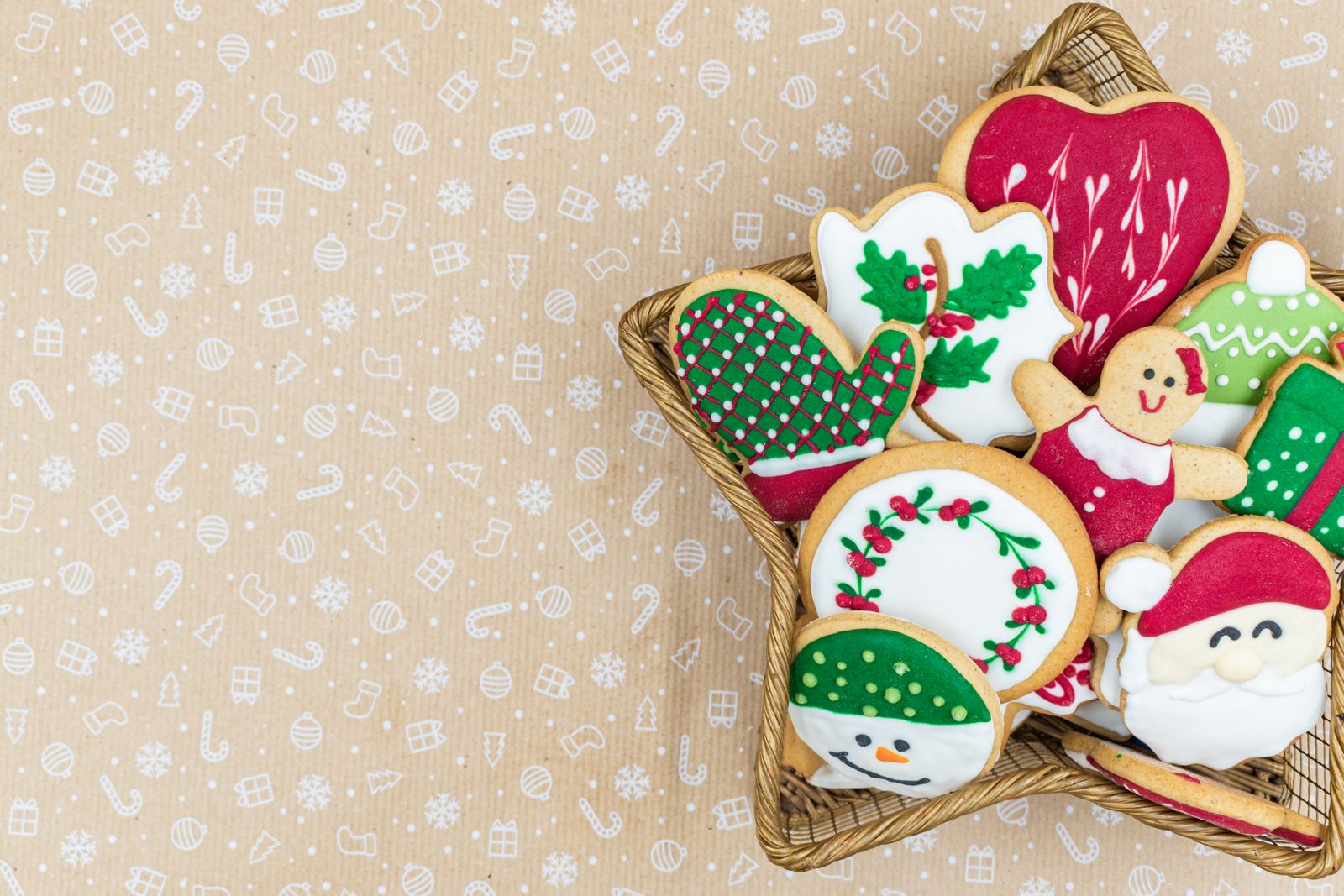 Decorated holiday cookies in a star-shaped basket