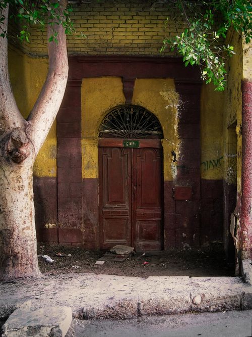 Free A weathered wooden door in Cairo's old town, surrounded by vibrant yellow walls and foliage. Stock Photo