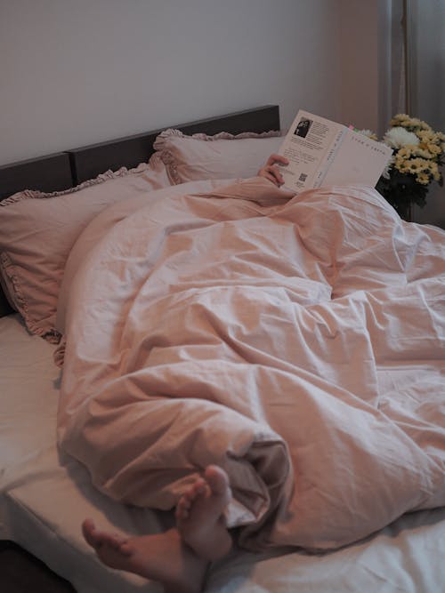 Free A Person  Lying on Bed Reading a Book Stock Photo