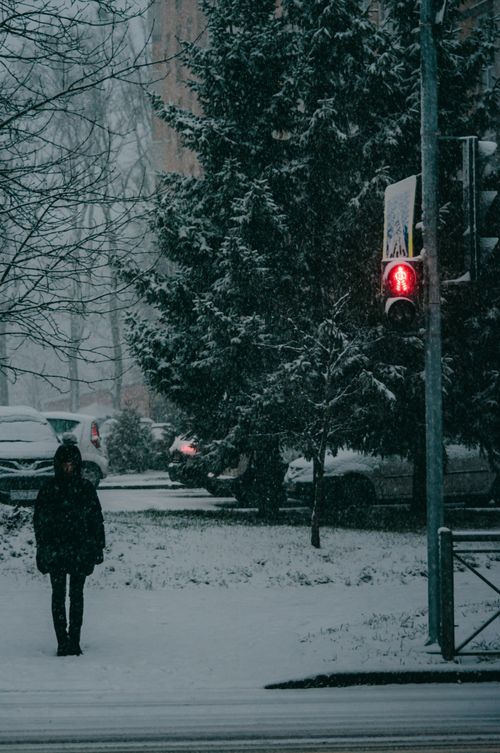 Free Snowy street scene in Kaliningrad, Russia featuring a person at a traffic light during winter. Stock Photo