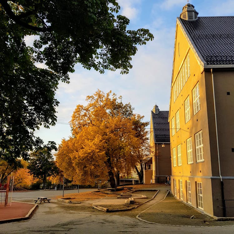 Courtyard In Front Of Village School Building