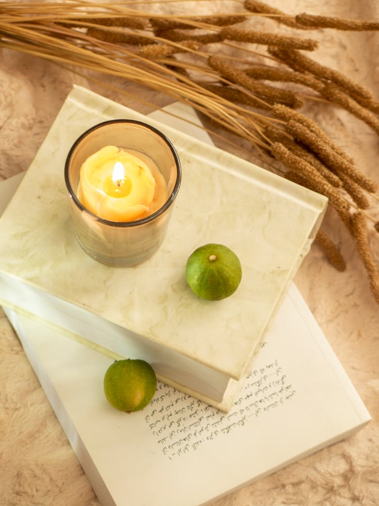 Limes Beside Lighted Candle On A Book