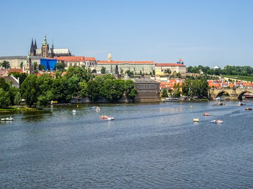 Aerial View of the Vltava River and Prague Castle in Prague, Czech Republic 