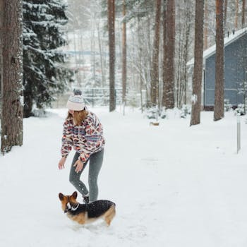 A woman enjoys a snowy day playing with her Corgi in a forest setting, embracing winter's beauty.
