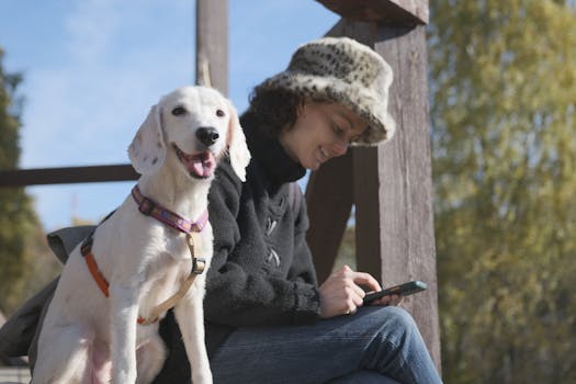 Woman in cozy attire using smartphone with her dog during a sunny day outdoors.