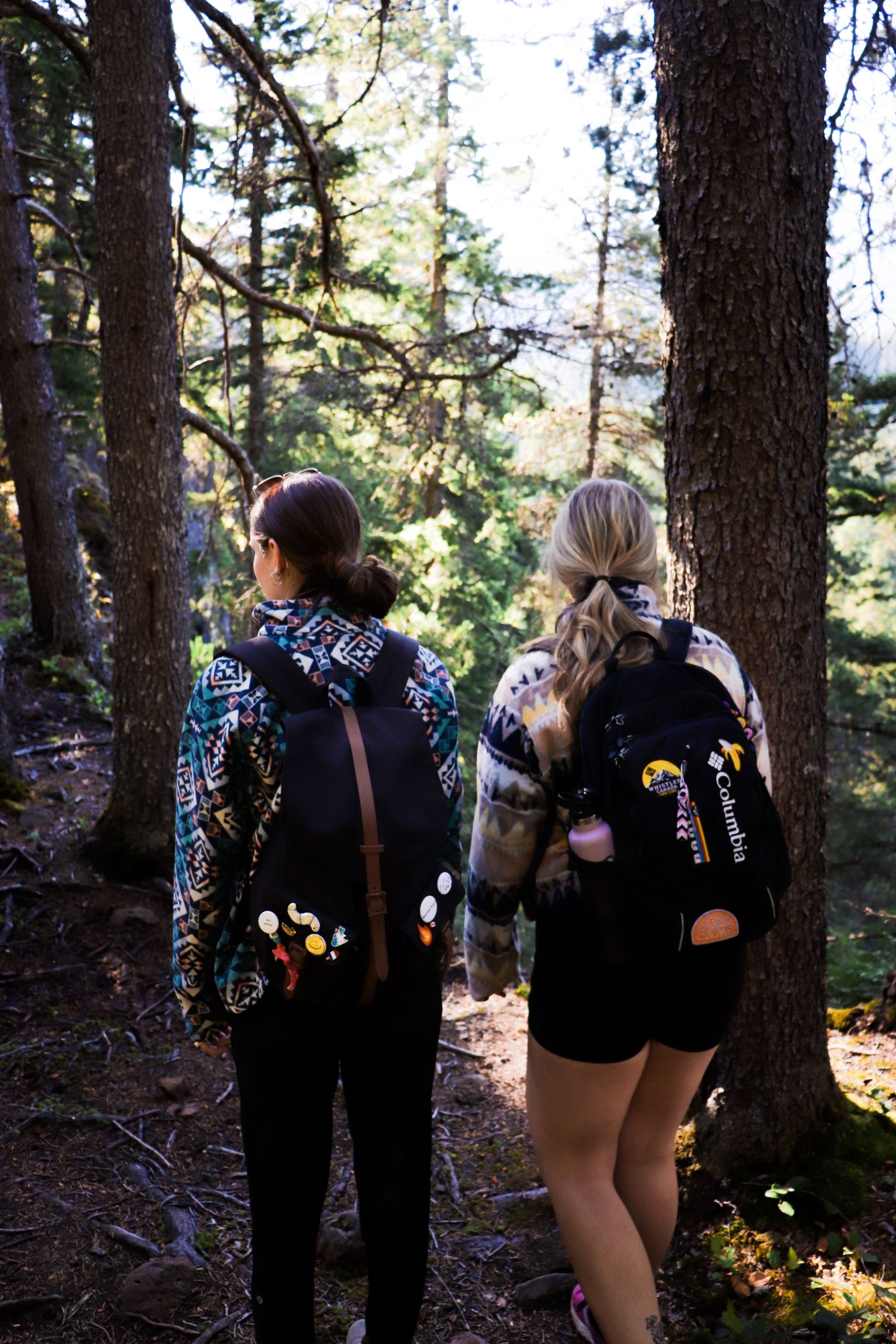 Women hiking together on a mountain trail in British Columbia, seen from behind