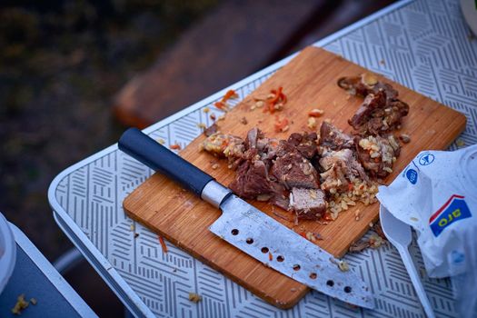 Close-up of cooked meat with a knife on a wooden board, evoking a rustic picnic feel.