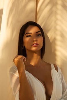 Stunning portrait of a woman in a white dress with sunlight and shadows casting patterns on her face.