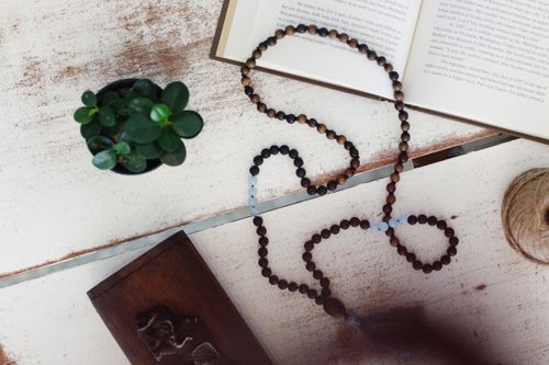 Free A calming still life of an open book, rosary beads, and a potted plant on a wooden table. Stock Photo