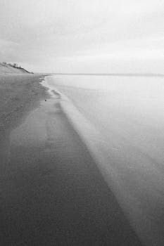 A serene black and white view of a coastal shoreline at dawn, offering a peaceful ambiance.