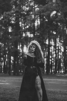 Gothic woman in black dress with tattoos in dark forest, capturing eerie vibes.