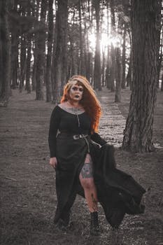 A redheaded woman with tattoos in gothic fashion walks confidently through a forest, captured at sunset.