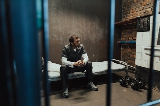 A man in prison uniform sitting on a bed in a dimly-lit jail cell.