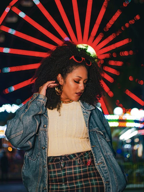 Woman with Curly Hair Wearing Denim Jacket