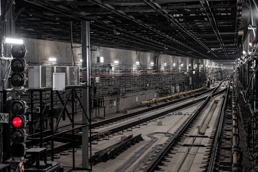 Moscow subway tunnel featuring concrete infrastructure and railway tracks, showcasing urban transit technology.