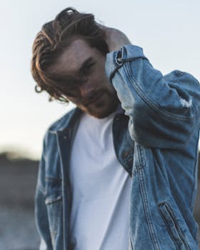 一个穿着牛仔夹克的时髦年轻人在户外整理头发