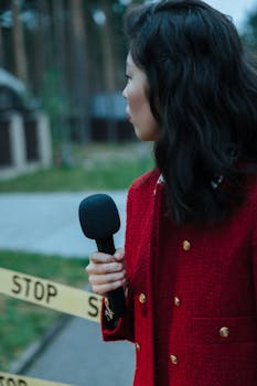 A female reporter in a red coat holding a microphone near a 'Stop' sign outdoors.