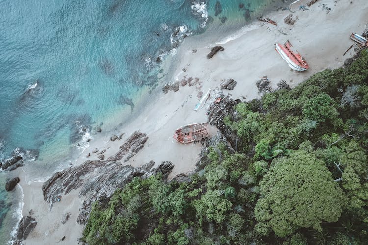 Drone Shot Of A Coast With Shipwrecks 