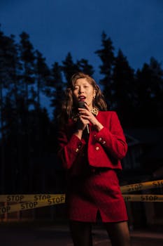 A female journalist in red is reporting with a microphone at night.