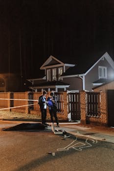 Forensic investigators work at a nighttime crime scene outside a house.