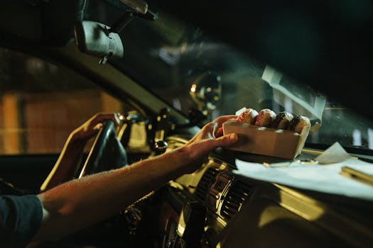 Close-up of a person's hand holding a box of donuts inside a car during a night drive.
